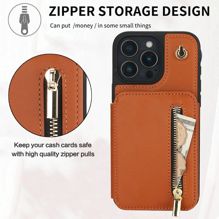 For iPhone 16 Pro YM006 Skin Feel Zipper Card Bag Phone Case with Dual Lanyard(Brown) - iPhone 16 Pro Cases by buy2fix | Online Shopping UK | buy2fix