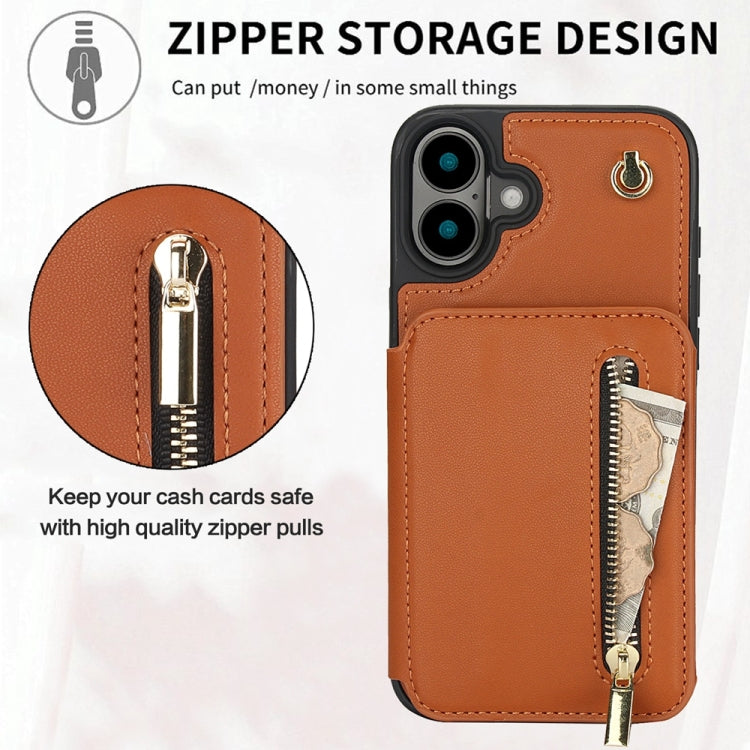 For iPhone 16 Plus YM006 Skin Feel Zipper Card Bag Phone Case with Dual Lanyard(Brown) - iPhone 16 Plus Cases by buy2fix | Online Shopping UK | buy2fix