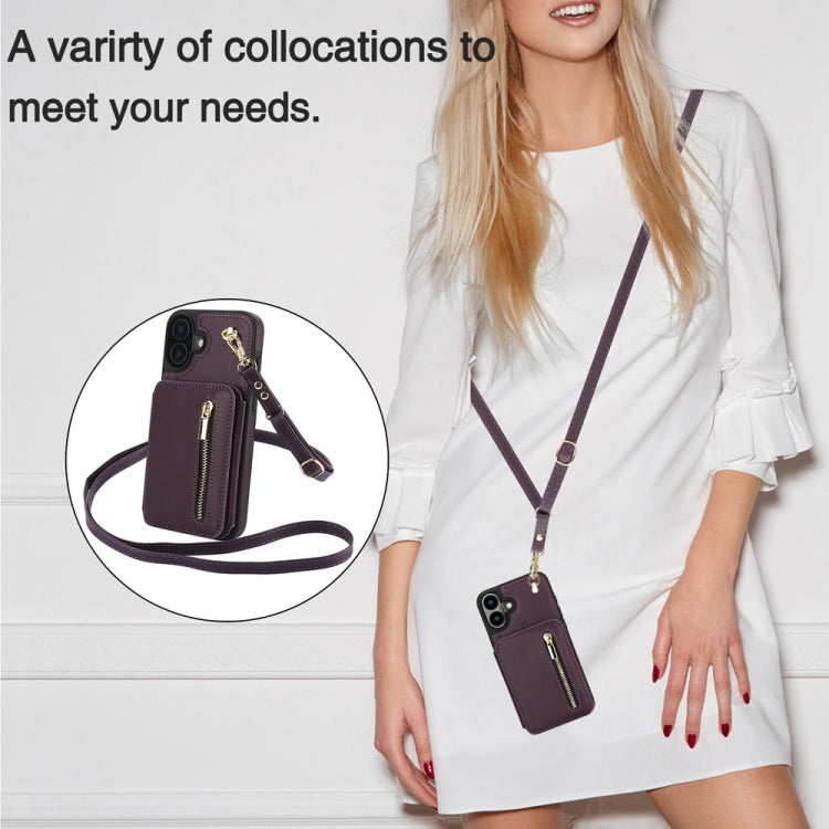 For iPhone 16 YM006 Skin Feel Zipper Card Bag Phone Case with Dual Lanyard(Dark Purple) - iPhone 16 Cases by buy2fix | Online Shopping UK | buy2fix