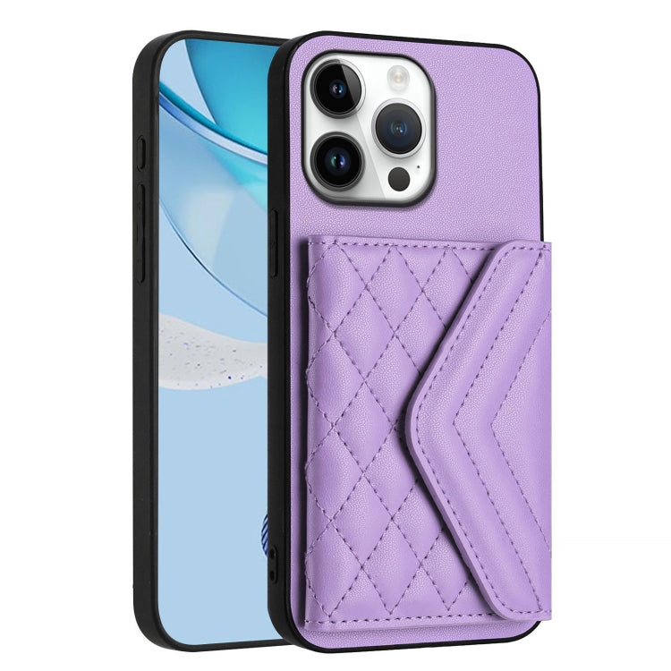 For iPhone 16 Pro Max Rhombic Texture Card Bag RFID Phone Case with Long Lanyard(Light Purple) - iPhone 16 Pro Max Cases by buy2fix | Online Shopping UK | buy2fix