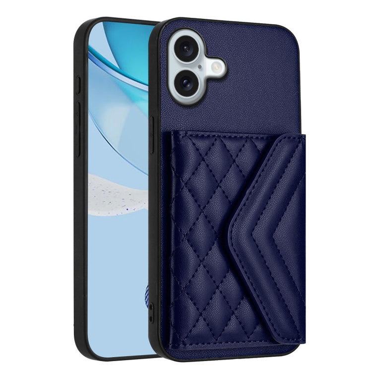 For iPhone 16 Plus Rhombic Texture Card Bag RFID Phone Case with Long Lanyard(Blue) - iPhone 16 Plus Cases by buy2fix | Online Shopping UK | buy2fix