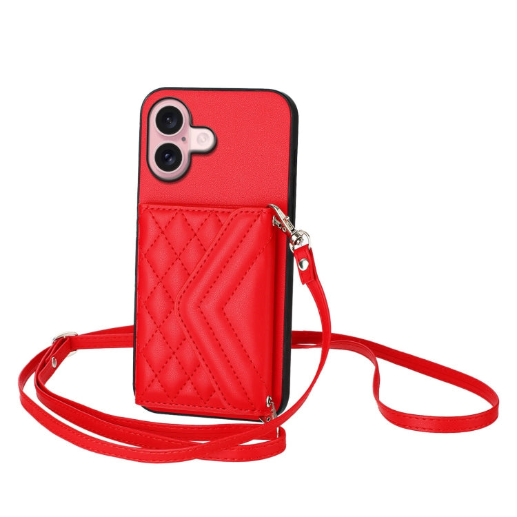 For iPhone 16 Rhombic Texture Card Bag RFID Phone Case with Long Lanyard(Red) - iPhone 16 Cases by buy2fix | Online Shopping UK | buy2fix