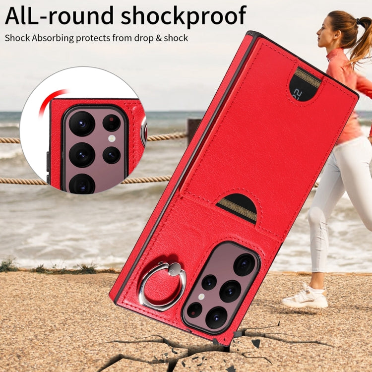For Samsung Galaxy S22 Ultra 5G Calf Texture Card Slot Ring Holder Phone Case(Red) - Galaxy S22 Ultra 5G Cases by buy2fix | Online Shopping UK | buy2fix
