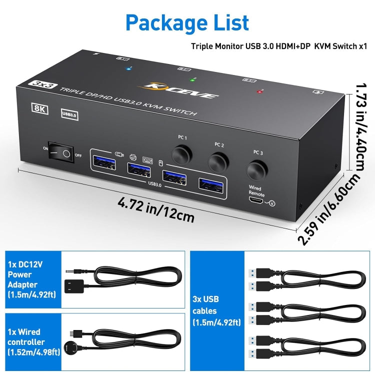 KC-KVM303DH 8K 60Hz USB3.0 DP+DP+HDMI Triple Monitors KVM Switch(US Plug) - Switch by buy2fix | Online Shopping UK | buy2fix