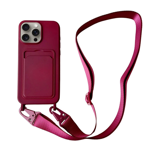 For iPhone 16 Pro Card Slot Liquid Silicone Phone Case with Lanyard(Wine Red) - iPhone 16 Pro Cases by buy2fix | Online Shopping UK | buy2fix