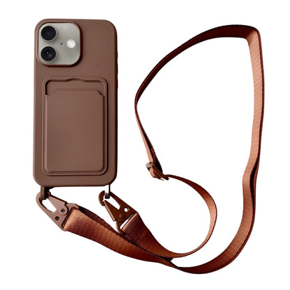 For iPhone 16 Card Slot Liquid Silicone Phone Case with Lanyard(Coffee) - iPhone 16 Cases by buy2fix | Online Shopping UK | buy2fix