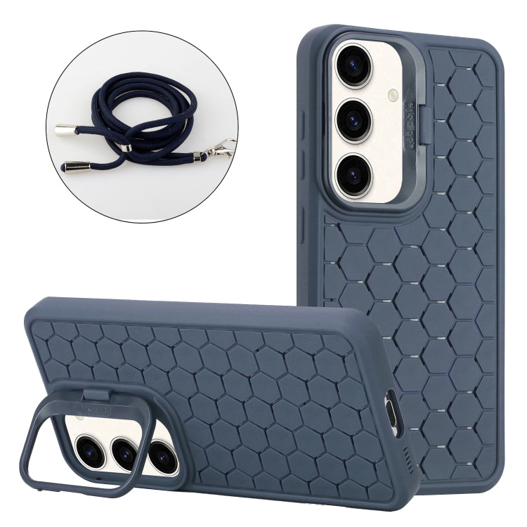 For Samsung Galaxy S24+ 5G Honeycomb Radiating Lens Holder Magsafe Phone Case with Lanyard(Blue) - Galaxy S24+ 5G Cases by buy2fix | Online Shopping UK | buy2fix