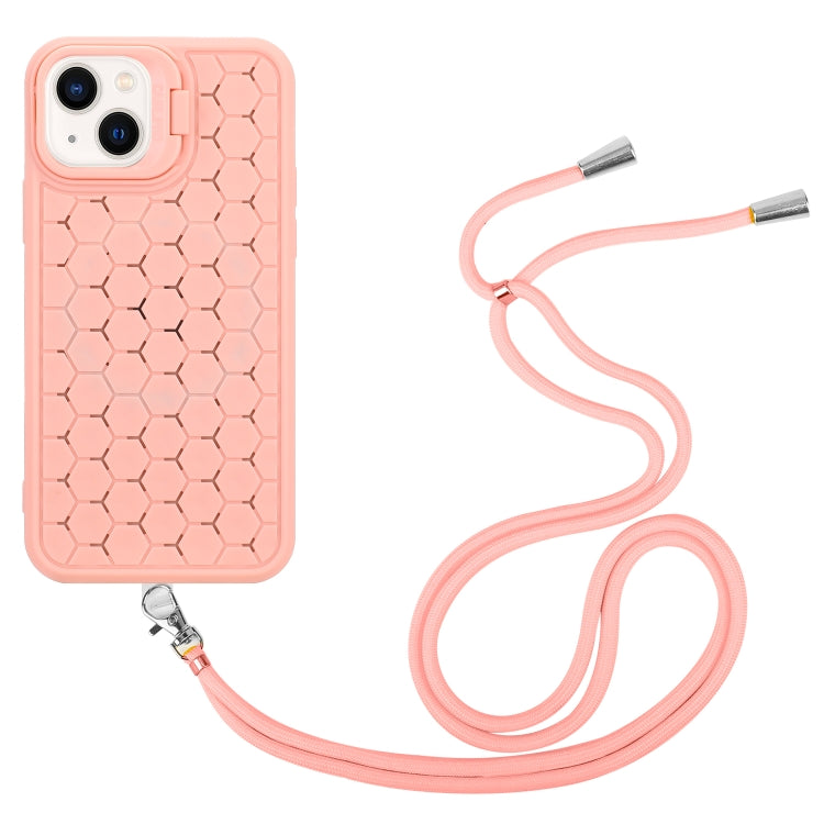 For iPhone 14 Honeycomb Radiating Lens Holder Magsafe Phone Case with Lanyard(Pink) - iPhone 14 Cases by buy2fix | Online Shopping UK | buy2fix