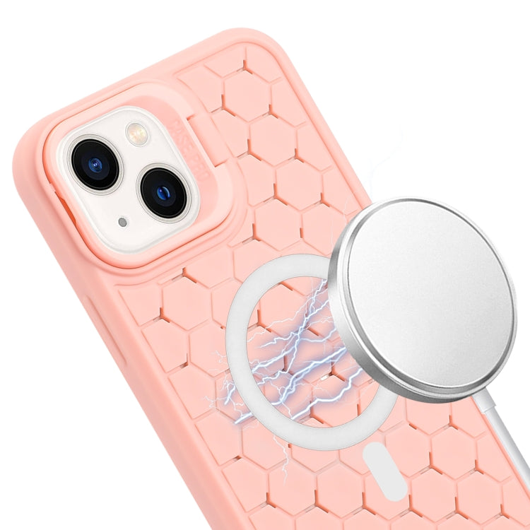 For iPhone 14 Honeycomb Radiating Lens Holder Magsafe Phone Case with Lanyard(Pink) - iPhone 14 Cases by buy2fix | Online Shopping UK | buy2fix