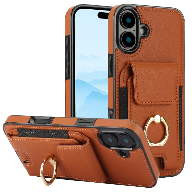 For iPhone 16 Elastic Card Bag Ring Holder Phone Case(Brown) - iPhone 16 Cases by buy2fix | Online Shopping UK | buy2fix