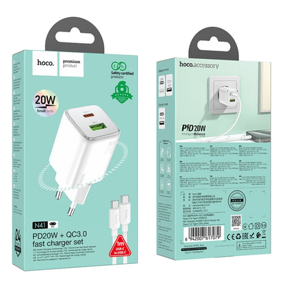 hoco N41 Almighty PD20W Type-C + QC3.0 USB Charger with Type-C to Type-C Cable, EU Plug(White) - USB Charger by hoco | Online Shopping UK | buy2fix