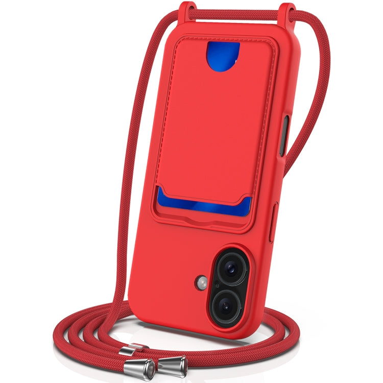 For iPhone 16 Plus Integrated Card Bag Solid Color Liquid Silicone Phone Case with Lanyard(Red) - iPhone 16 Plus Cases by buy2fix | Online Shopping UK | buy2fix