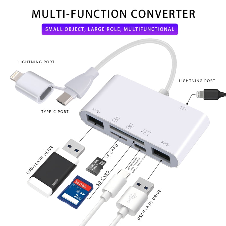 AJ-108PRO 6 in 2 USB-C / Type-C + 8 Pin Interface Multi-function Camera Card Reader(White) - U Disk & Card Reader by buy2fix | Online Shopping UK | buy2fix