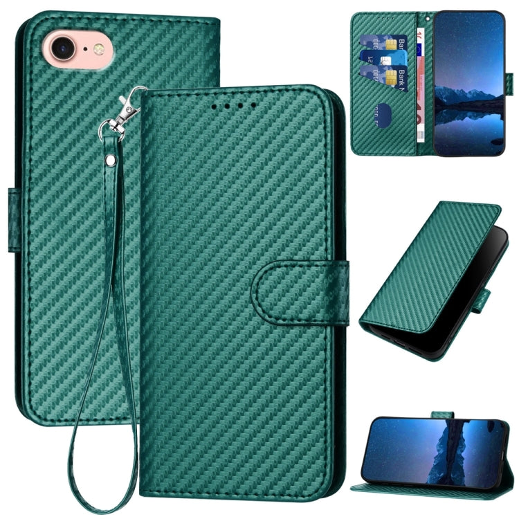 For iPhone SE 2024 YX0070 Carbon Fiber Buckle Leather Phone Case with Lanyard(Dark Green) - More iPhone Cases by buy2fix | Online Shopping UK | buy2fix