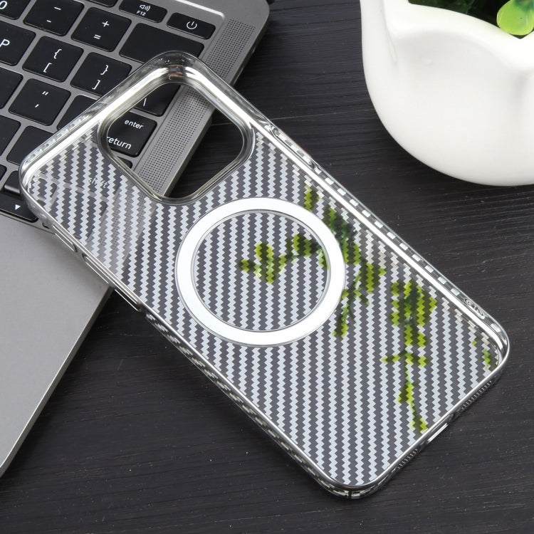 For iPhone 15 6D Plated Carbon Fiber Clear Magsafe PC Phone Case(Titanium Grey) - iPhone 15 Cases by buy2fix | Online Shopping UK | buy2fix