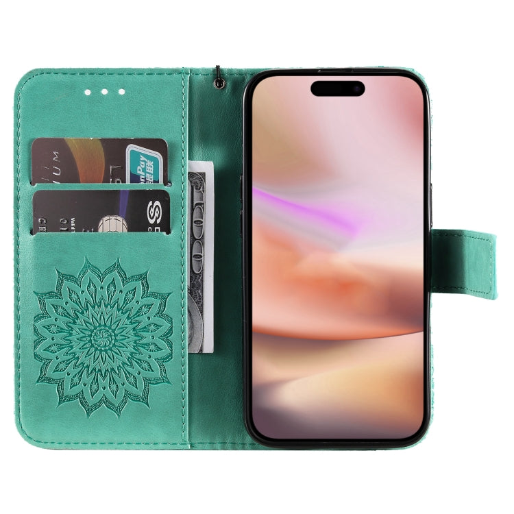 For iPhone 16 Plus Embossed Sunflower Pattern Flip Leather Phone Case(Green) - iPhone 16 Plus Cases by buy2fix | Online Shopping UK | buy2fix