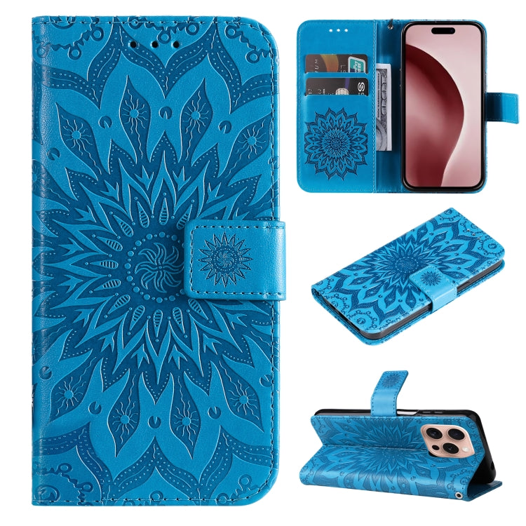 For iPhone 16 Pro Embossed Sunflower Pattern Flip Leather Phone Case(Blue) - iPhone 16 Pro Cases by buy2fix | Online Shopping UK | buy2fix