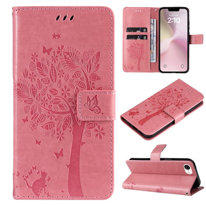 For iPhone SE 2024 Tree & Cat Embossed Pattern Flip Leather Phone Case(Pink) - More iPhone Cases by buy2fix | Online Shopping UK | buy2fix