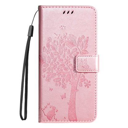 For iPhone SE 2024 Tree & Cat Embossed Pattern Flip Leather Phone Case(Rose Gold) - More iPhone Cases by buy2fix | Online Shopping UK | buy2fix