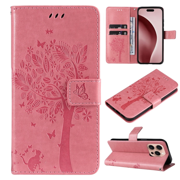 For iPhone 16 Pro Tree & Cat Embossed Pattern Flip Leather Phone Case(Pink) - iPhone 16 Pro Cases by buy2fix | Online Shopping UK | buy2fix