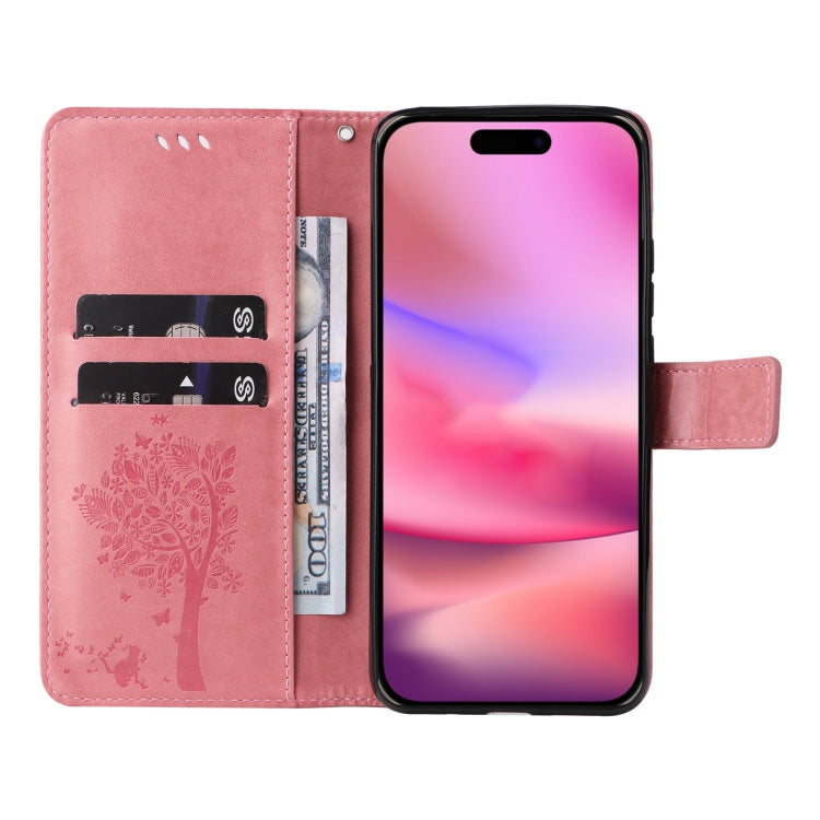 For iPhone 16 Tree & Cat Embossed Pattern Flip Leather Phone Case(Pink) - iPhone 16 Cases by buy2fix | Online Shopping UK | buy2fix