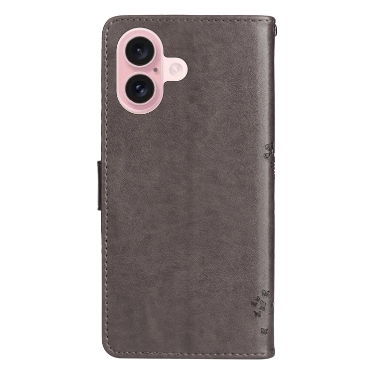 For iPhone 16 Tree & Cat Embossed Pattern Flip Leather Phone Case(Grey) - iPhone 16 Cases by buy2fix | Online Shopping UK | buy2fix