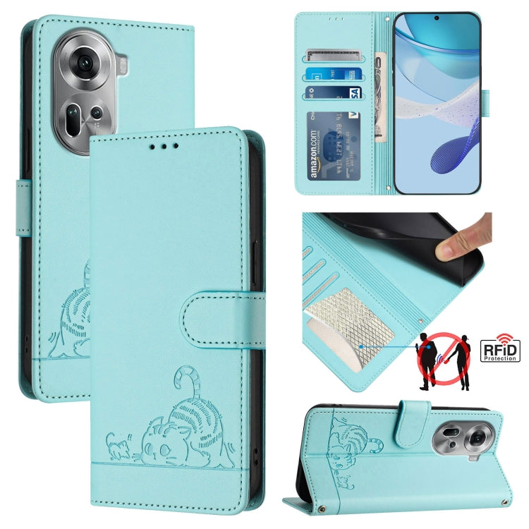 For OPPO Reno11 5G Global Cat Rat Embossed Pattern RFID Leather Phone Case with Lanyard(Mint Green) - Reno11 Cases by buy2fix | Online Shopping UK | buy2fix