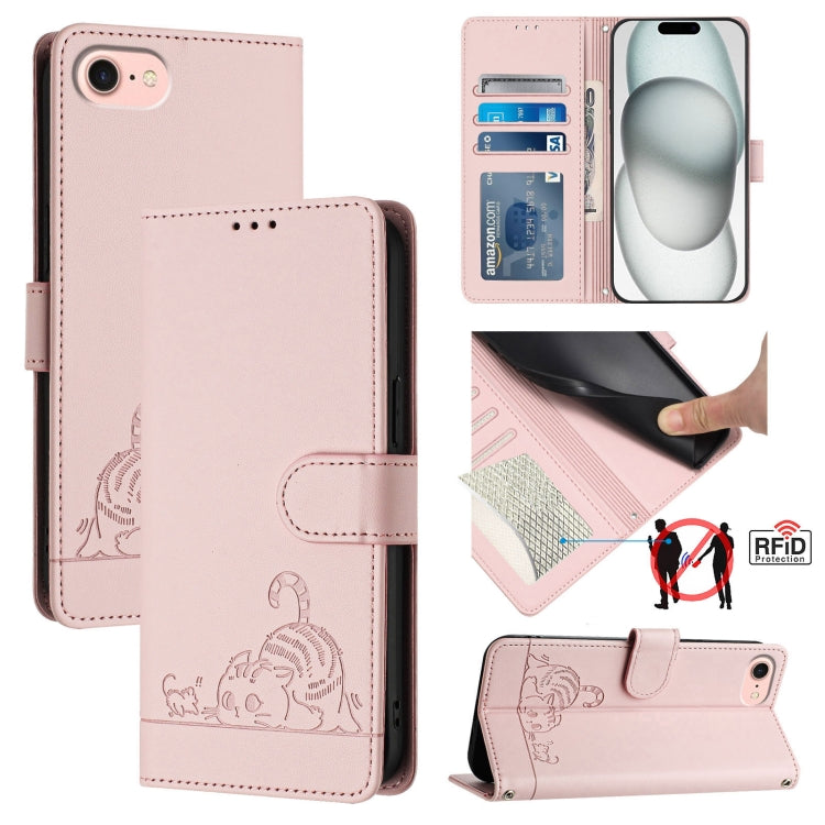 For iPhone SE 2024 Cat Rat Embossed Pattern RFID Leather Phone Case with Lanyard(Pink) - More iPhone Cases by buy2fix | Online Shopping UK | buy2fix