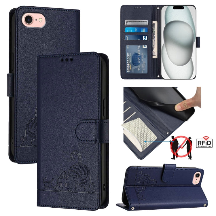 For iPhone SE 2024 Cat Rat Embossed Pattern RFID Leather Phone Case with Lanyard(Blue) - More iPhone Cases by buy2fix | Online Shopping UK | buy2fix