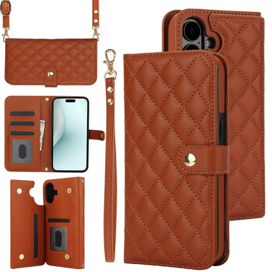 For iPhone 16 Plus Crossbody Multifunction Rhombic Leather Phone Case(Brown) - iPhone 16 Plus Cases by buy2fix | Online Shopping UK | buy2fix