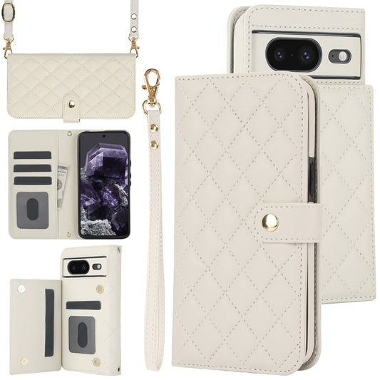 For Google Pixel 8a Crossbody Multifunction Rhombic Leather Phone Case(White) - Google Cases by buy2fix | Online Shopping UK | buy2fix