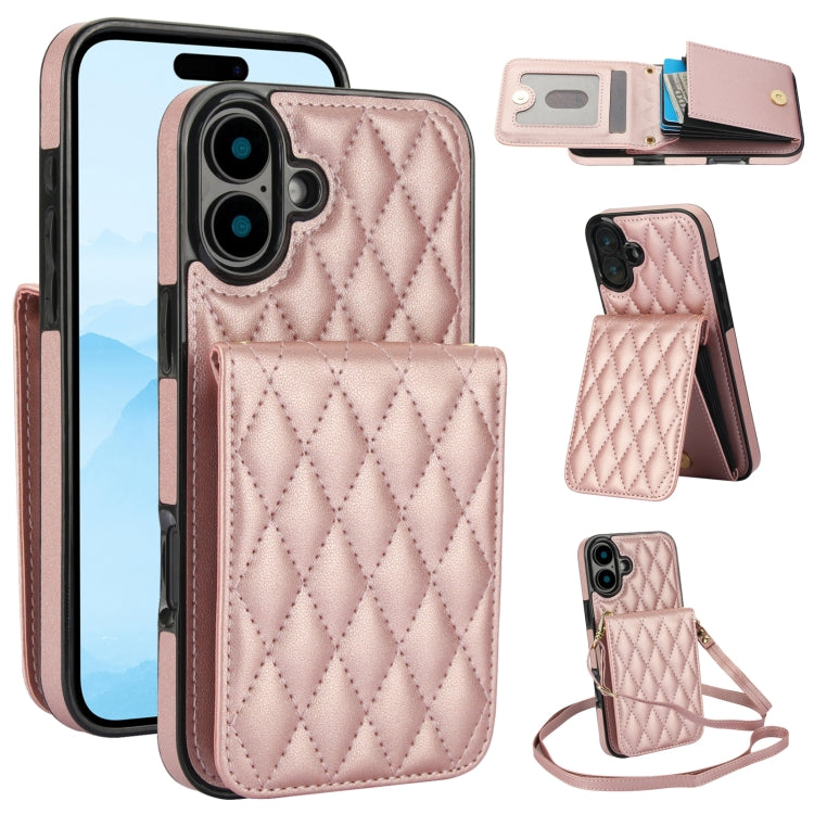 For iPhone 16 Plus YM015 Crossbody Rhombic Card Bag RFID Phone Case(Rose Gold) - iPhone 16 Plus Cases by buy2fix | Online Shopping UK | buy2fix