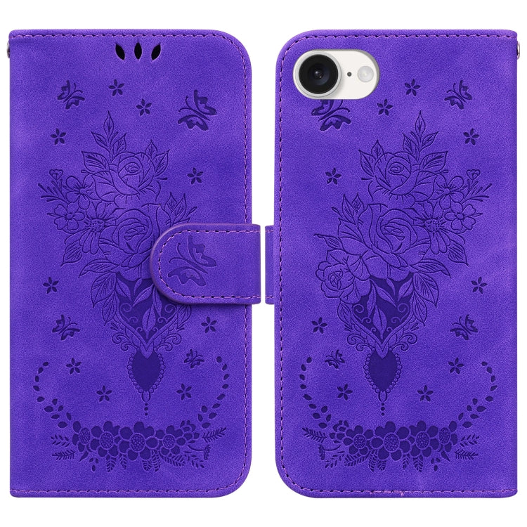 For iPhone SE 2024 Butterfly Rose Embossed Leather Phone Case(Purple) - More iPhone Cases by buy2fix | Online Shopping UK | buy2fix