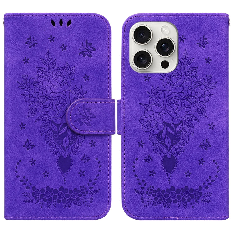 For iPhone 16 Pro Butterfly Rose Embossed Leather Phone Case(Purple) - iPhone 16 Pro Cases by buy2fix | Online Shopping UK | buy2fix