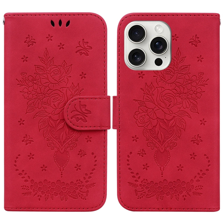 For iPhone 16 Pro Butterfly Rose Embossed Leather Phone Case(Red) - iPhone 16 Pro Cases by buy2fix | Online Shopping UK | buy2fix