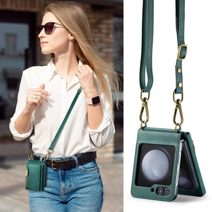 For Samsung Galaxy Z Flip5 5G DG.MING M5 Series Zip RFID Multi Card Detachable Leather Phone Case with Long Lanyard(Green) - Galaxy Z Flip5 Cases by DG.MING | Online Shopping UK | buy2fix