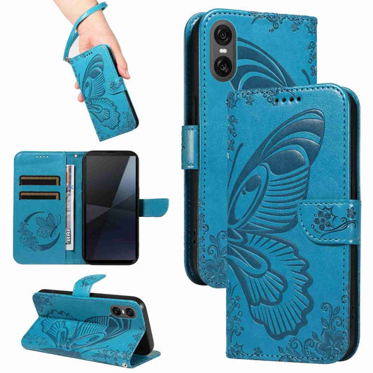 For Sony Xperia 10 VI 2024 Swallowtail Butterfly Embossed Leather Phone Case(Blue) - Sony Cases by buy2fix | Online Shopping UK | buy2fix