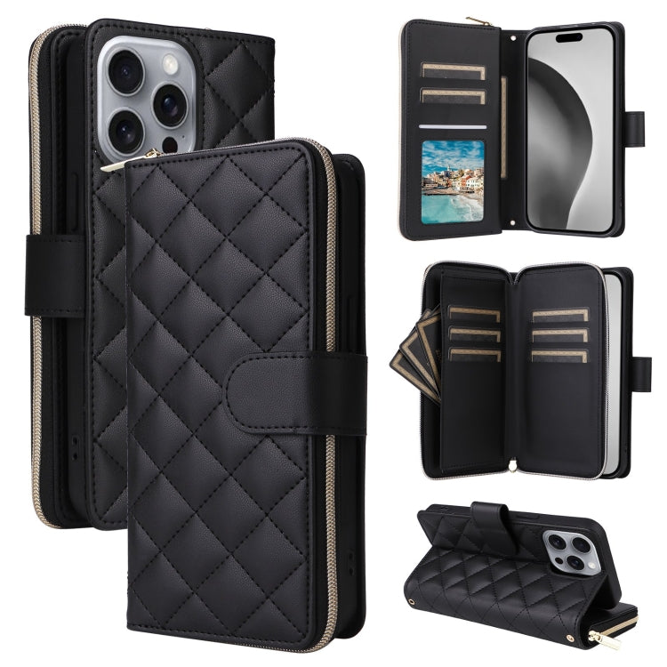 For iPhone 16 Pro Max Crossbody Rhombic Zipper Tower Buckle Leather Phone Case with Lanyard(Black) - iPhone 16 Pro Max Cases by buy2fix | Online Shopping UK | buy2fix