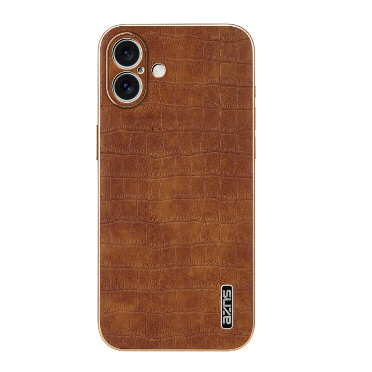 For iPhone 16 AZNS Electroplated Frame Crocodile Texture Full Coverage Phone Case(Brown) - iPhone 16 Cases by AZNS | Online Shopping UK | buy2fix