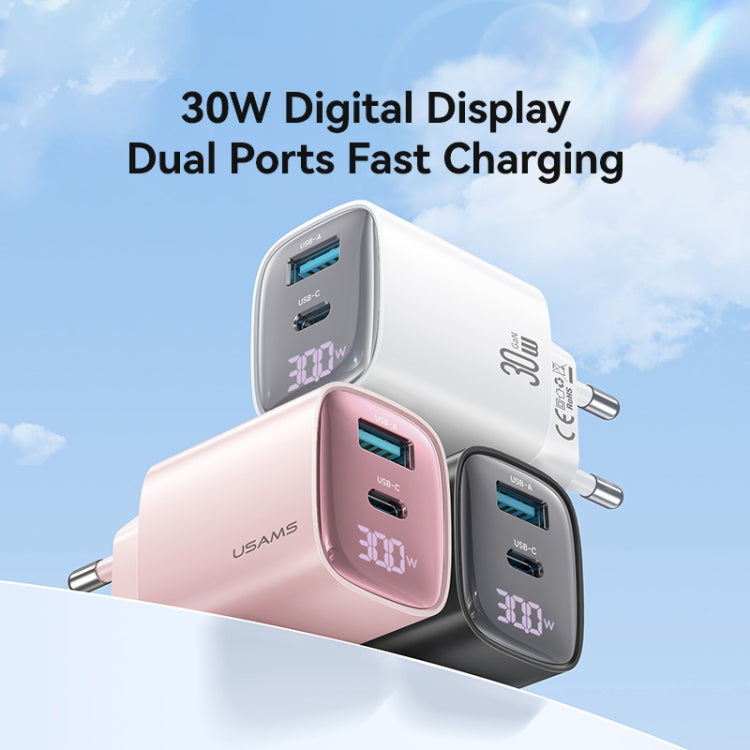 USAMS CC229 30W USB+USB-C / Type-C Dual Port GaN Digital Display Charger, Specifications: EU Plug(White) - USB Charger by USAMS | Online Shopping UK | buy2fix