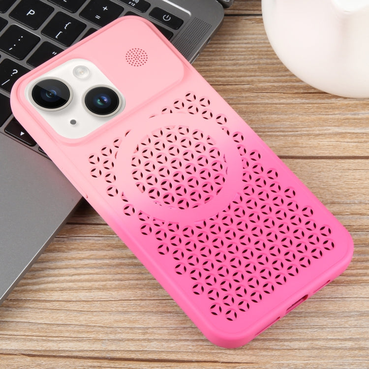 For iPhone 14 Plus Gradient Color Honeycomb Aromatherapy MagSafe Phone Case(Pink+Rose Red) - iPhone 14 Plus Cases by buy2fix | Online Shopping UK | buy2fix