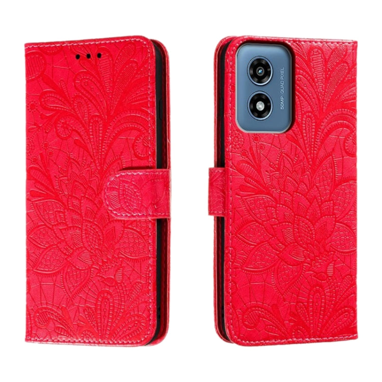 For Motorola Moto G Play 2024 Lace Flower Embossing Flip Leather Phone Case(Red) - Motorola Cases by buy2fix | Online Shopping UK | buy2fix