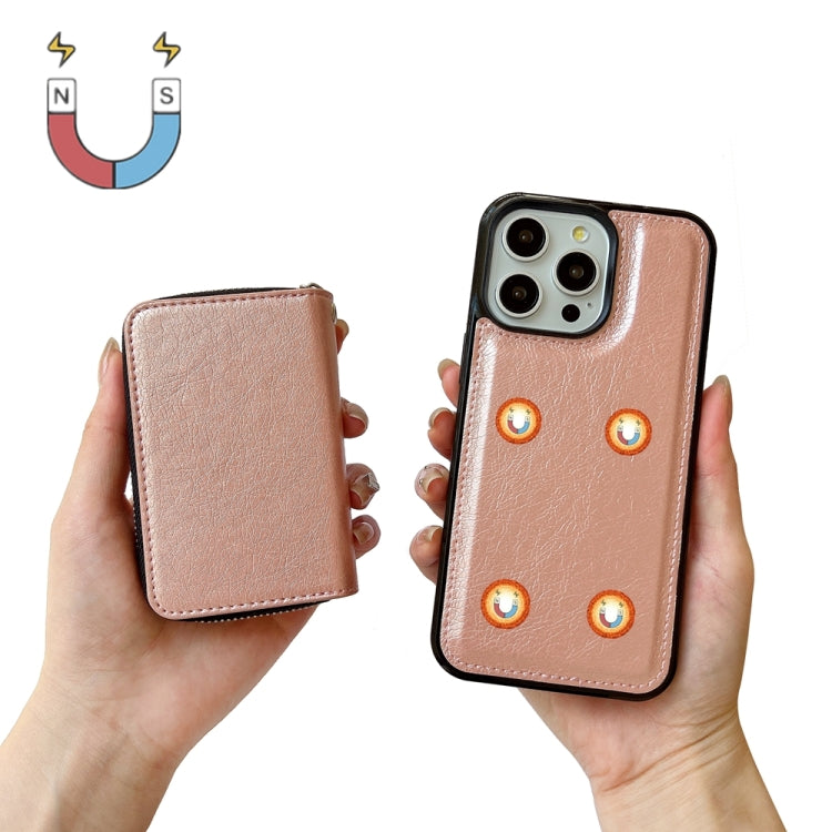 For iPhone 16 Pro Solid Color Zipper 11-Card Slots Bag Phone Case with Lanyard(Rose Gold) - iPhone 16 Pro Cases by buy2fix | Online Shopping UK | buy2fix