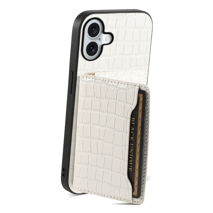 For iPhone 16 Plus Crocodile Texture Card Bag Design Full Coverage Phone Case(White) - iPhone 16 Plus Cases by buy2fix | Online Shopping UK | buy2fix