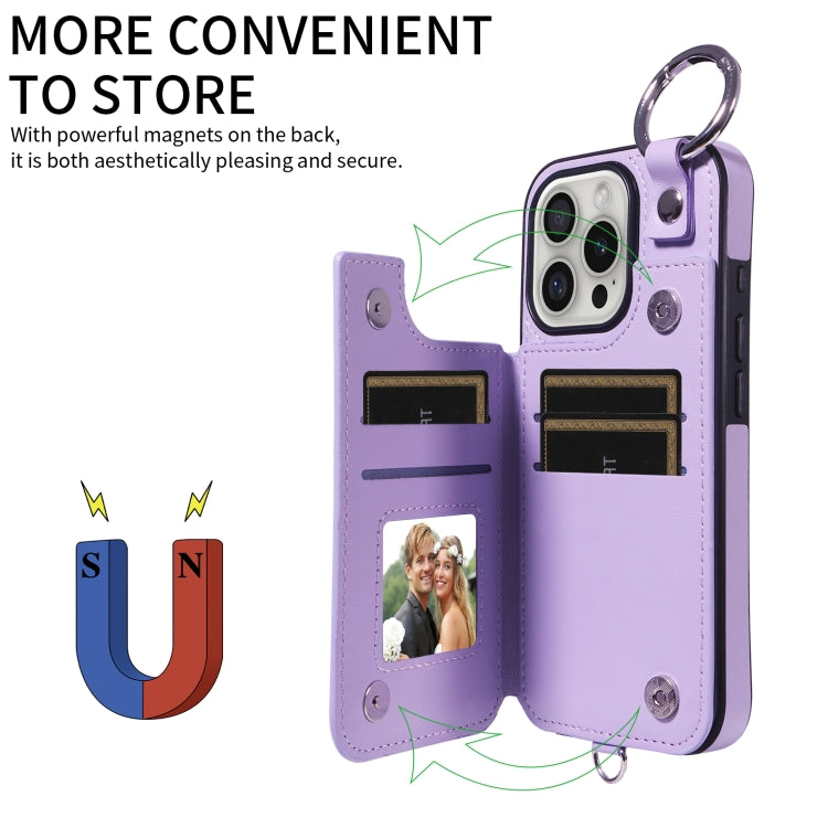 For iPhone 16 Pro Rhombic Texture Card Bag Phone Case with Short Lanyard(Purple) - iPhone 16 Pro Cases by buy2fix | Online Shopping UK | buy2fix