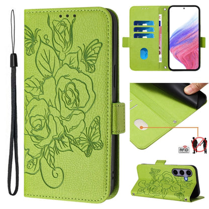 For Samsung Galaxy S25 5G Embossed Rose RFID Anti-theft Leather Phone Case(Green) - Galaxy S25 5G Cases by buy2fix | Online Shopping UK | buy2fix