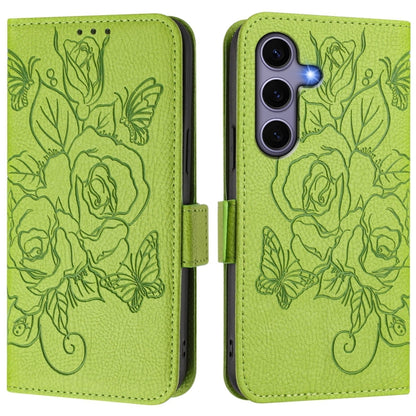 For Samsung Galaxy S25 5G Embossed Rose RFID Anti-theft Leather Phone Case(Green) - Galaxy S25 5G Cases by buy2fix | Online Shopping UK | buy2fix