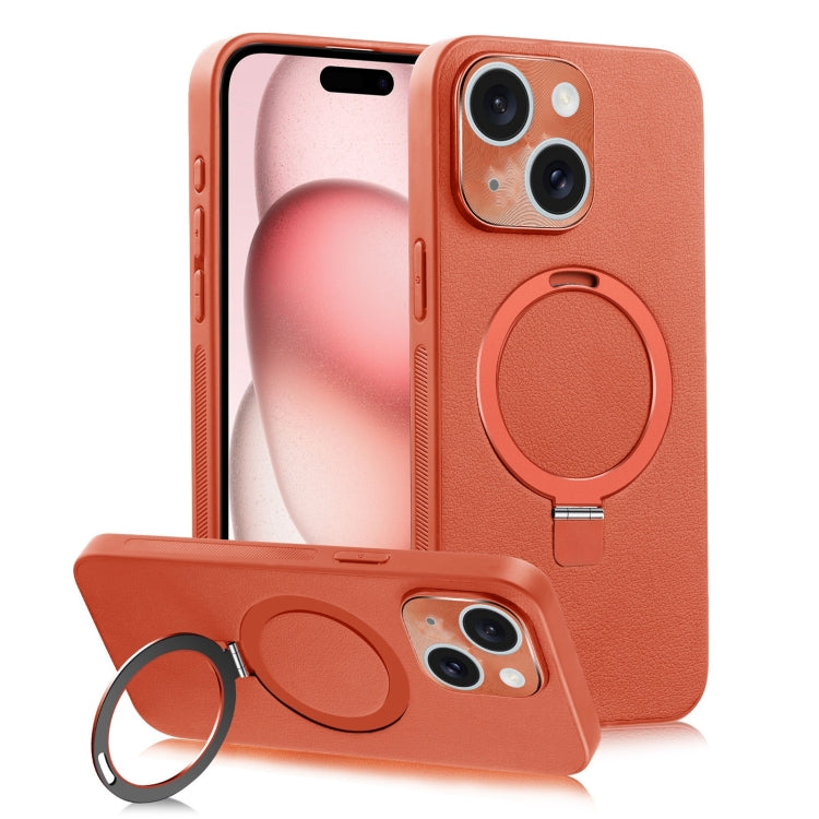 For iPhone 15 Plus MagSafe Rotation Holder PC + Leather Phone Case(Orange) - iPhone 15 Plus Cases by buy2fix | Online Shopping UK | buy2fix