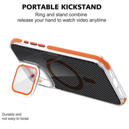 For iPhone 13 / 14 Magsafe Dual-Color Carbon Fiber Lens Film Phone Case with Lens Fold Holder(Orange) - iPhone 13 Cases by buy2fix | Online Shopping UK | buy2fix