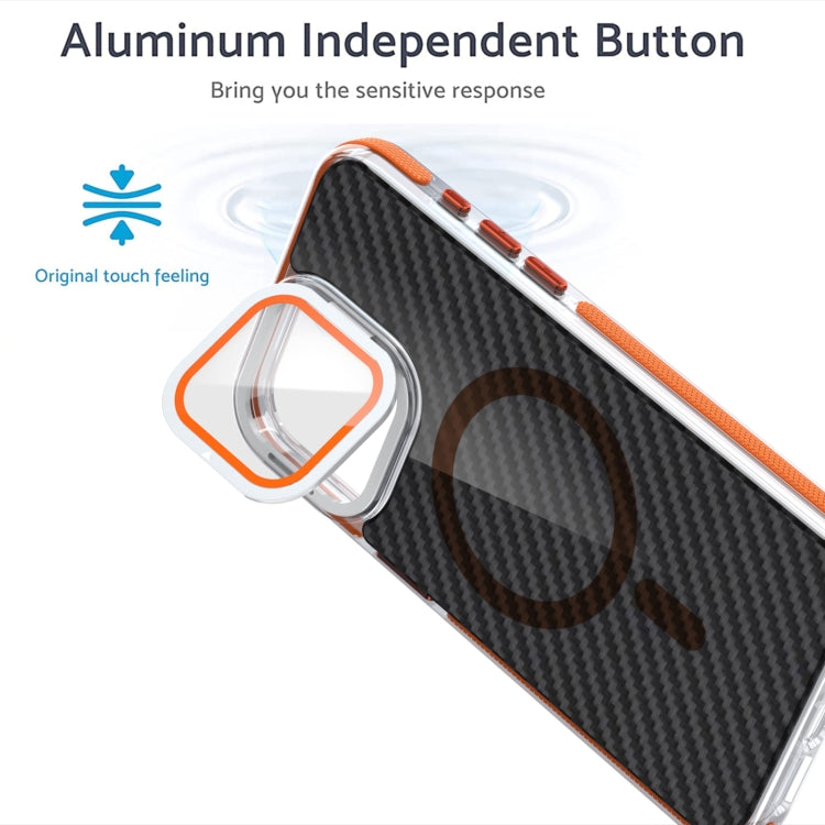 For iPhone 15 Pro Magsafe Dual-Color Carbon Fiber Lens Film Phone Case with Lens Fold Holder(Orange) - iPhone 15 Pro Cases by buy2fix | Online Shopping UK | buy2fix